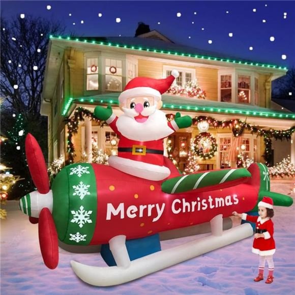 9FT Christmas Inflatables Blow up Santa Claus on Airplane with LED Light Up